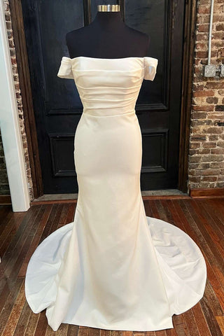 White Off-the-Shoulder Short Sleeve Mermaid Long Wedding Dress