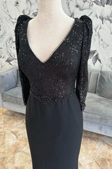 Black Sequin V-Neck Long Sleeve Formal Dress