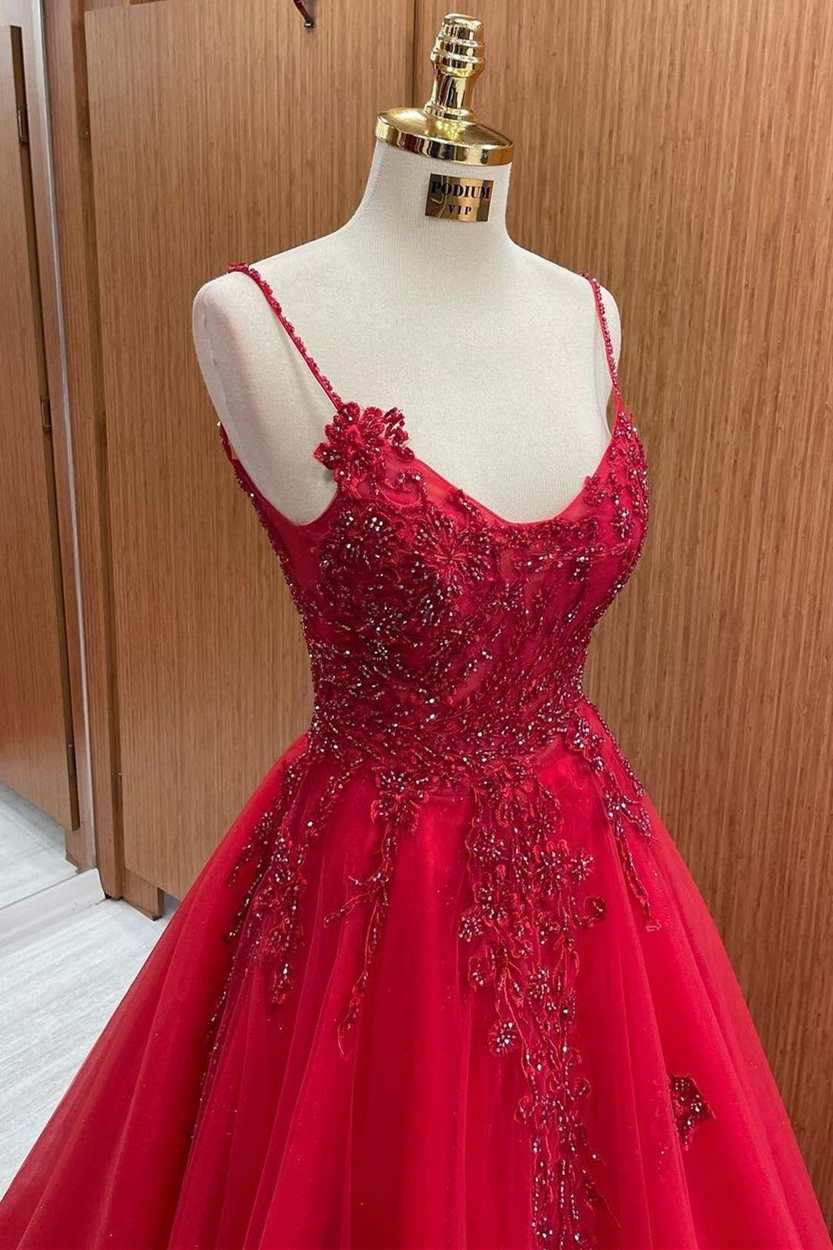 Red Tulle Lace Scoop Neck A-Line Prom Gown