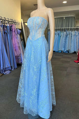 Light Blue Lace Strapless A-Line Prom Dress