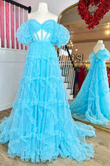 Blue Tulle Off-the-Shoulder Puff Sleeves A-Line Long Prom Dress with Ruffles