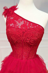 One-Shoulder Red Lace Multi-Tiered A-Line Prom Gown