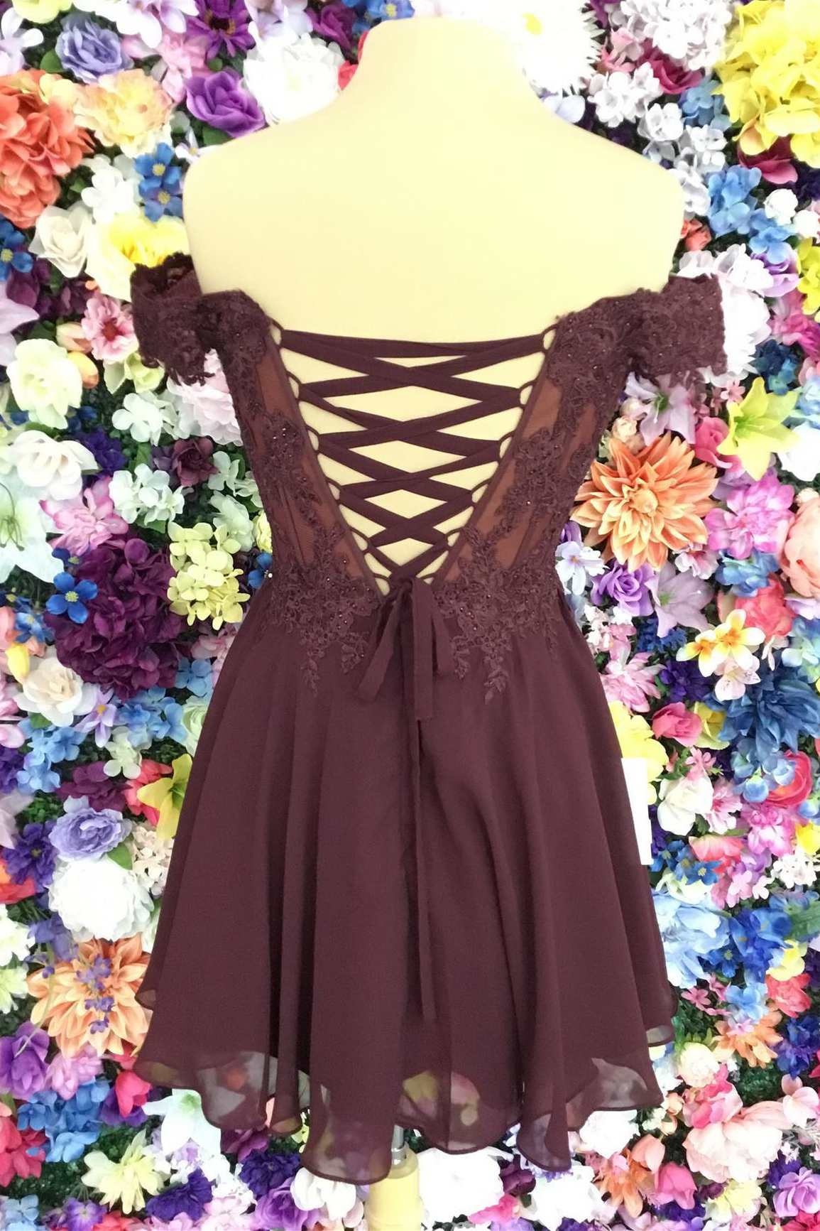 Brown Lace Off-the-Shoulder A-Line Short Homecoming Dress