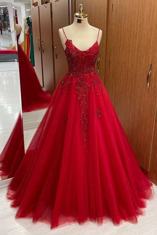 Red Tulle Lace Scoop Neck A-Line Prom Gown