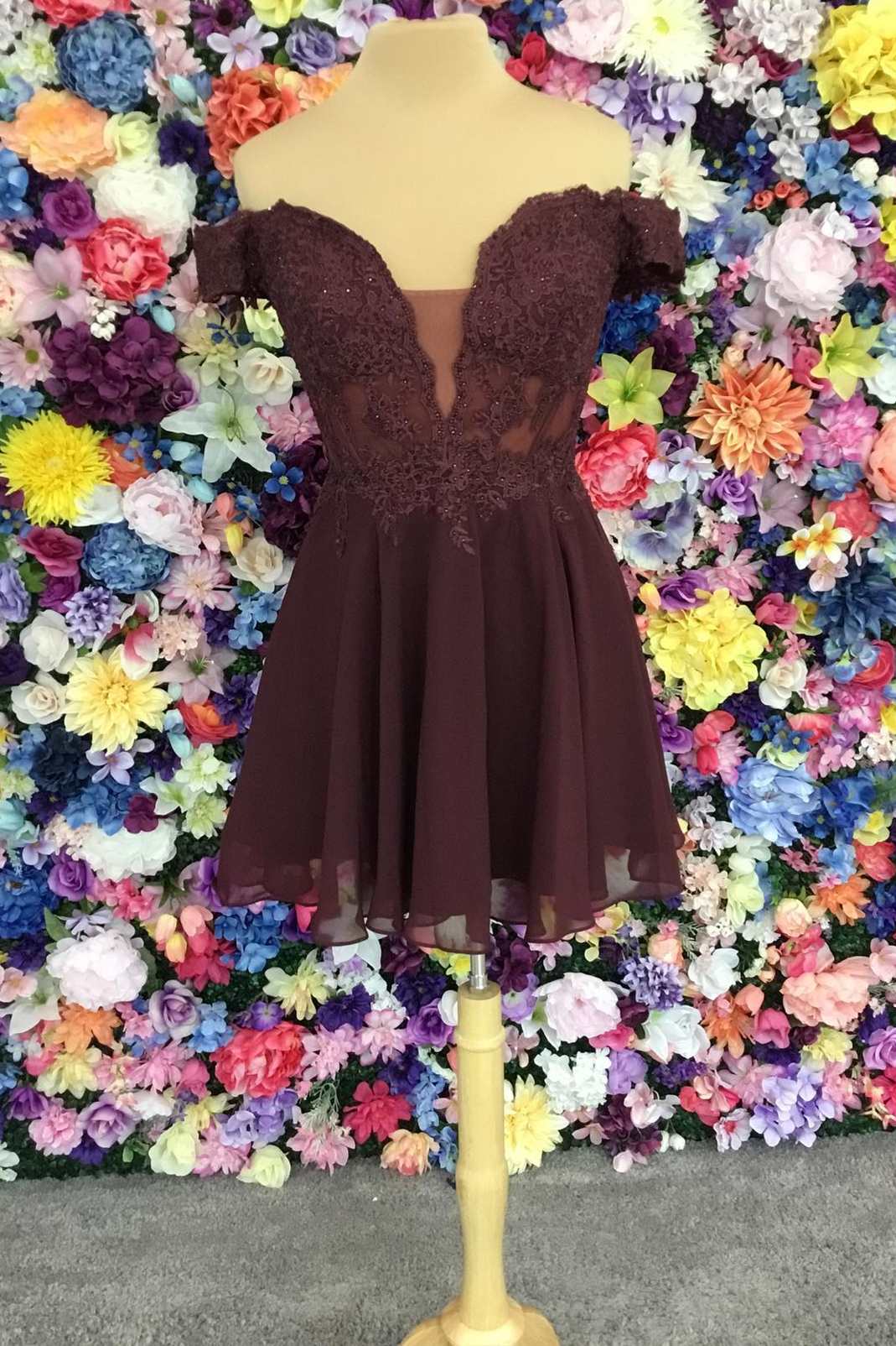 Brown Lace Off-the-Shoulder A-Line Short Homecoming Dress