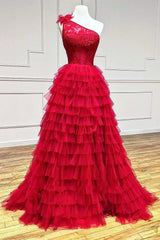 One-Shoulder Red Lace Multi-Tiered A-Line Prom Gown