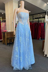 Light Blue Lace Strapless A-Line Prom Dress