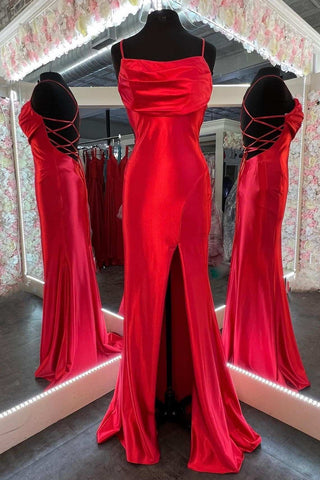 Red Satin Lace-Up Back Long Prom Dress with Slit