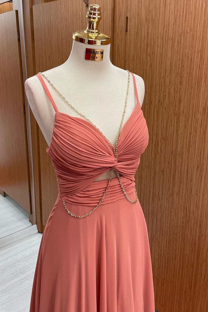 Coral Twist-Front A-Line Prom Dress with Metal Chains