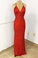 Red Sequin Empire Waist Cross-Back Long Formal Dress