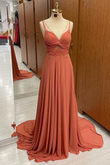 Coral Twist-Front A-Line Prom Dress with Metal Chains