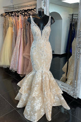 Ivory Mermaid V Neck Straps Beaded Embroidery Multi-Layers Long Prom Dress