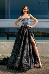 Black Beaded Strapless Boning Organza Ruffle Long Prom Dress with Slit