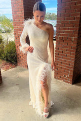 Black Sequin Feather One-Sleeve Mermaid Long Prom Dress