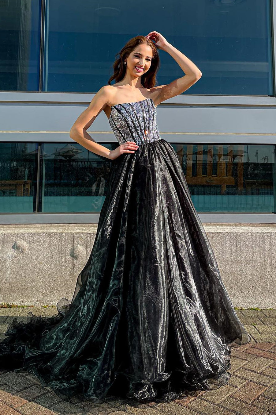 Black Beaded Strapless Boning Organza Ruffle Long Prom Dress with Slit
