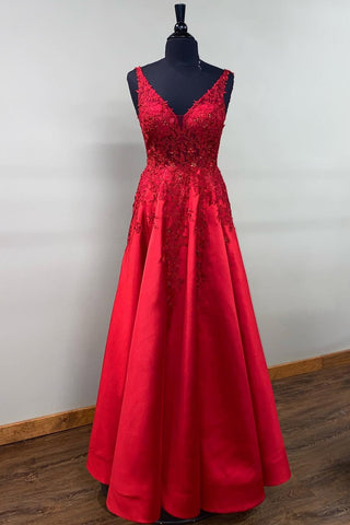 Red V Neck Appliques Sleeveless Satin Long Prom Dress