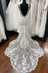 Beige Floral Lace Plunge Neck Backless Trumpet Long Wedding Dress