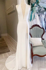 White Lace Halter Mermaid Long Wedding Dress with Slit