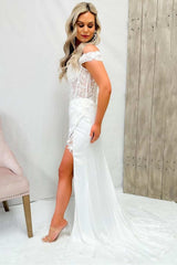 White Off-Shoulder Mermaid Satin Slit Boning Applique Long Prom Dress