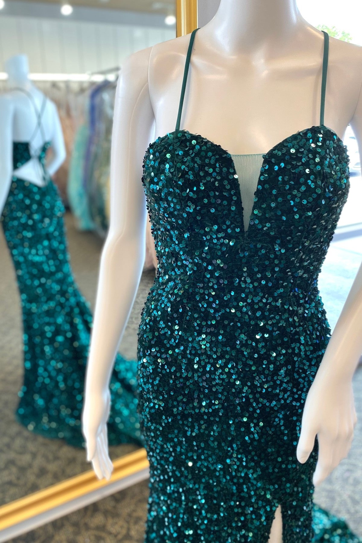 Hunter Green Mermaid V Neck Lace-Up Back Sequins Long Prom Dress with Slit