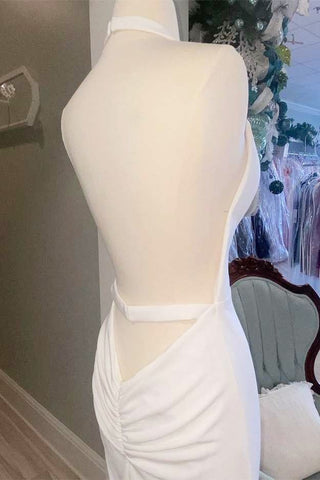 White Lace Halter Mermaid Long Wedding Dress with Slit