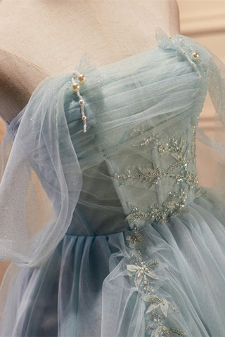 Märchenhaftes, schulterfreies A-Linien-Partykleid aus Tüll mit Perlen und Schnürung am Rücken