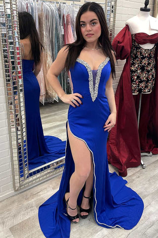 Royal Blue Beaded Plunge Neck Mermaid Long Prom Dress with Slit