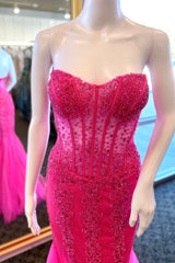 Wine Red Tulle Sequin Strapless Mermaid Long Prom Dress