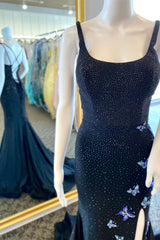 Black Beaded Scoop Neck Mermaid Long Prom Dress with Butterflies