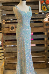 Light Blue Iridescent Sequin Square Neck Mermaid Long Formal Dress