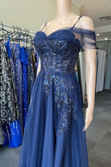 Navy Tulle Cold-Shoulder A-Line Prom Dress with Floral Appliques