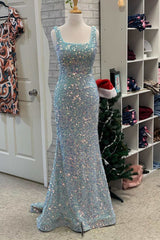 Light Blue Iridescent Sequin Square Neck Mermaid Long Formal Dress