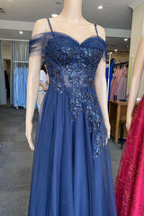 Navy Tulle Cold-Shoulder A-Line Prom Dress with Floral Appliques