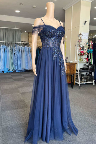 Navy Tulle Cold-Shoulder A-Line Prom Dress with Floral Appliques