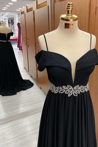Black Cold-Shoulder Beaded Belted Lace-Up Back A-Line Prom Dress