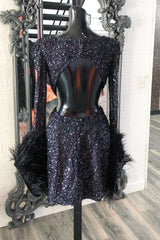 Black Sequin Feather Plunge V Cutout Short Homecoming Dress