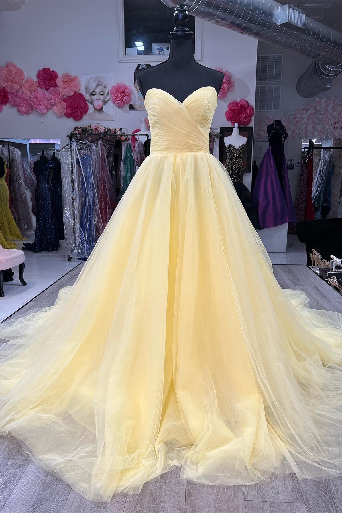 Light Yellow Strapless Surplice Beaded Tulle Long Prom Dress