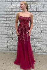 Wine Red Tulle Sequin Strapless Mermaid Long Prom Dress