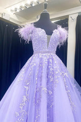 Lavender Feather Applique Cold-Shoulder A-Line Prom Dress