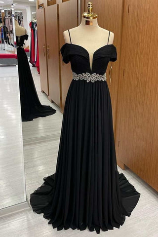 Black Cold-Shoulder Beaded Belted Lace-Up Back A-Line Prom Dress