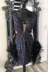 Black Sequin Feather Plunge V Cutout Short Homecoming Dress