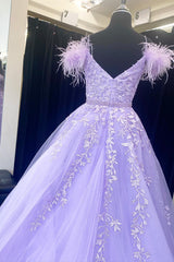 Lavender Feather Applique Cold-Shoulder A-Line Prom Dress