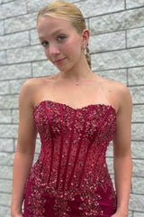 Wine Red Tulle Sequin Strapless Mermaid Long Prom Dress