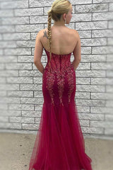 Wine Red Tulle Sequin Strapless Mermaid Long Prom Dress