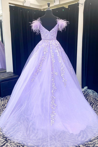 Lavender Feather Applique Cold-Shoulder A-Line Prom Dress