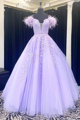 Lavender Feather Applique Cold-Shoulder A-Line Prom Dress