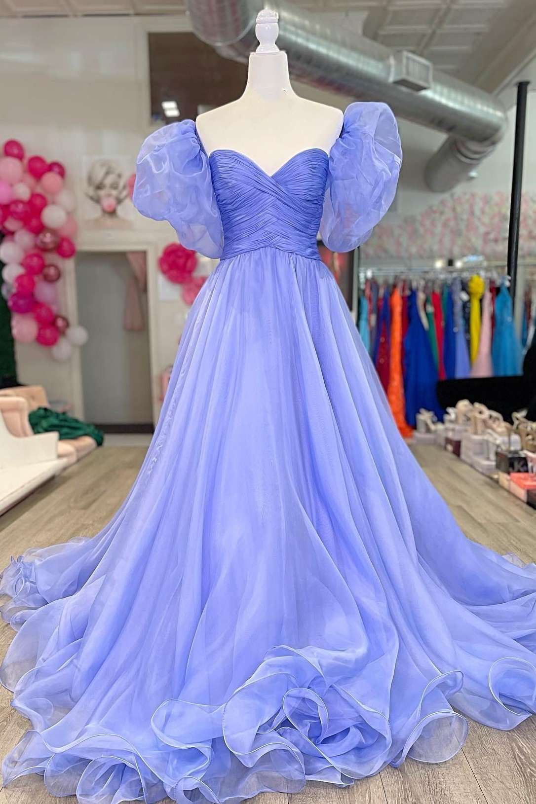 Periwinkle Organza Strapless A-Line Prom Dress with Puff Sleeves