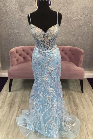 Light Blue Lace Corset Mermaid Long Prom Gown