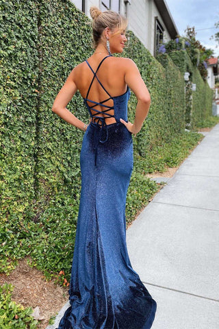 Navy Blue Velvet Corset Lace-Up Long Formal Dress with Slit