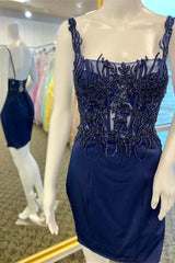 Navy Blue Appliques Straps Bodycon Homecoming Dress